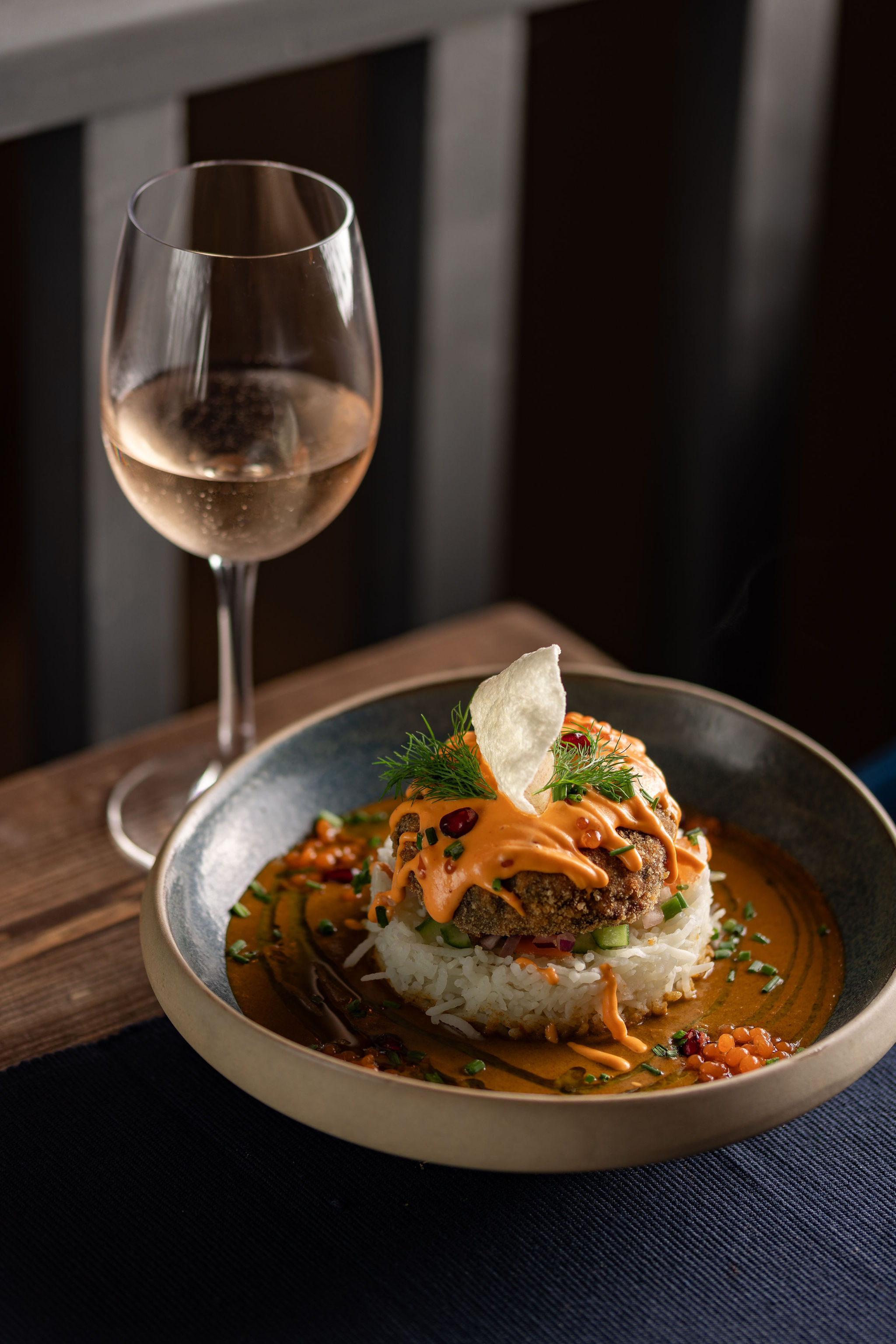 Wine glasses at Késarum, Southampton — a curated by-the-glass list developed to follow modern Indian spice